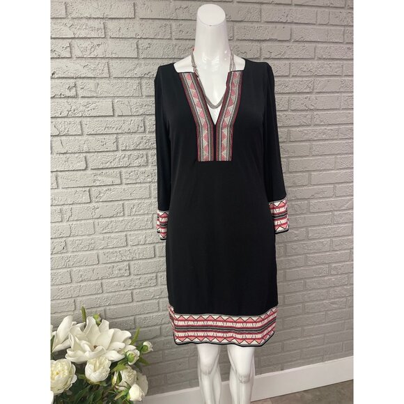 White House Black Market Women Aztec Embroidery Trim Long Sleeve Shift Dress Siz - Picture 2 of 11